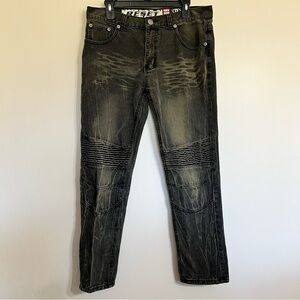 Men’s Reset Platinum Denim Black Bleach Detail Moto Jeans Size 36 X 30